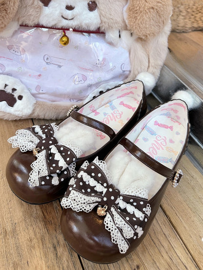 Lolita Bunny Shoes Pom Mary Jane Brown Sweet with Ears Tail