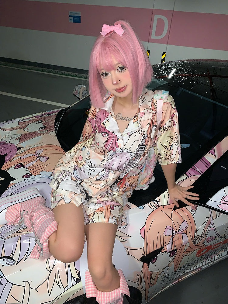 カラフルな漫画プリントパジャマセット