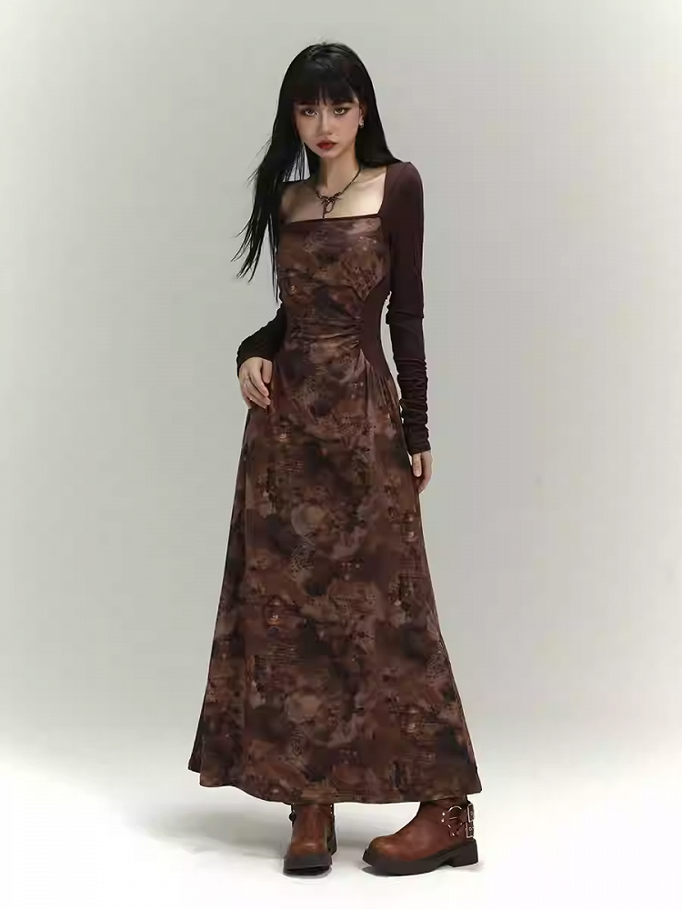Millard Fashion Brown Square Neck Gathering Details Slim-fitting Dress