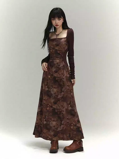 Millard Fashion Brown Square Neck Gathering Details Slim-fitting Dress