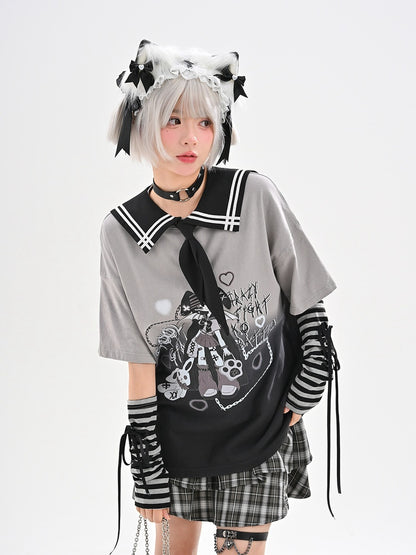 Mädchen Print Farbverlauf Schwarz T-Shirt Y2K Matrosenkragen Punk