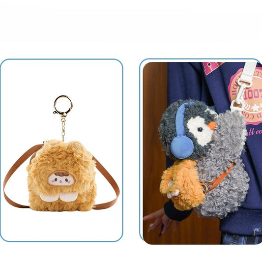 Small/Middle/Large Bear Cute Size Backpack/Crossbody Yellow Penguin Plush Backpack Keychain + Bag Gray