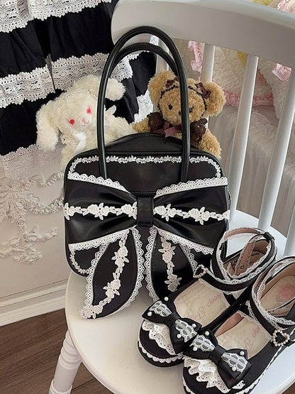 Tasche Lolita Schleife süß PU quadratisch große Spitze mit Front Schule schwarz weiß und alten Trim