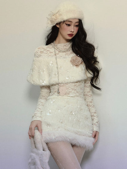 Aprikosenfarbener Plüsch-Minirock mit Paillettendetail