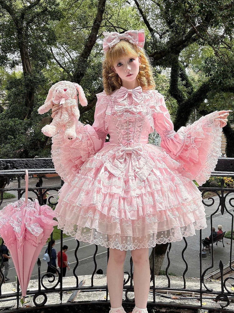 Multi-Layer JSK Trim Lace Bow Details Cute Pink Princess with Bead Sweet Dress