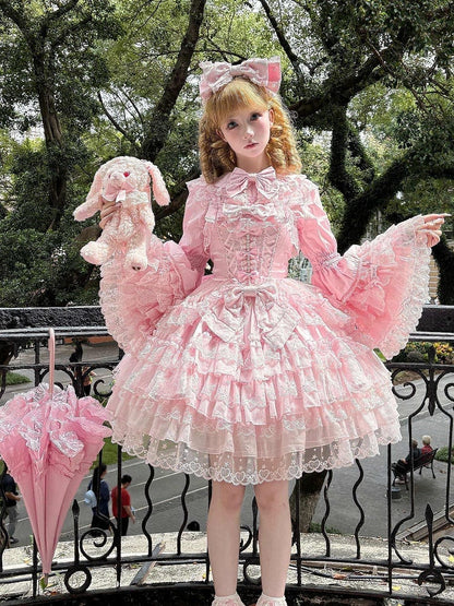 Multi-Layer JSK Trim Lace Bow Details Cute Pink Princess with Bead Sweet Dress