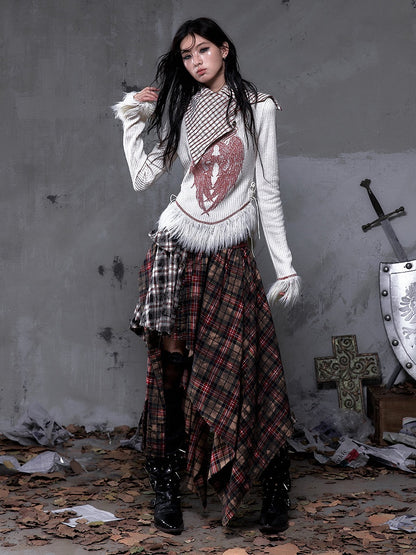 Shawl Vintage Red Print Christmas Plaid Knit Punk Top White Collar Wing with