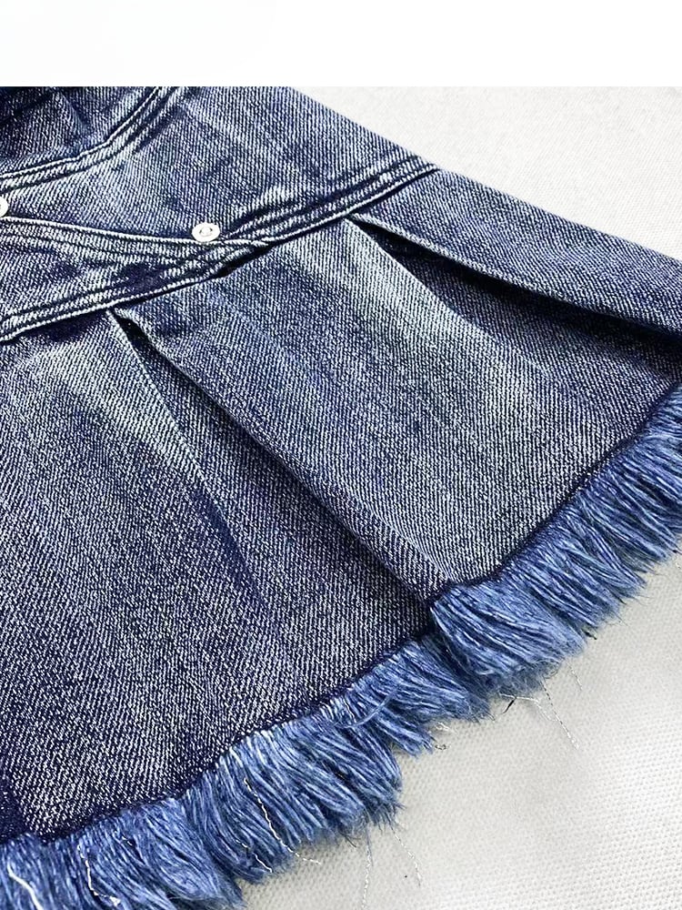 Y2Kヴィンテージ ダークブルー ディストレストトリム デニム グラマラススカート+バックルストラップ プラッシュトリム レッグウォーマー