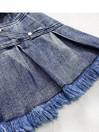 ダークブルーのダメージトリムボックスプリーツデニムグラマラススカート