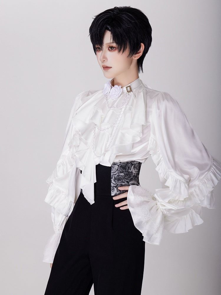 Elegant White Ruffled Bodice Shirt with Flounce Trim and Long Sleeves - DevilInspired Exclusive Collection