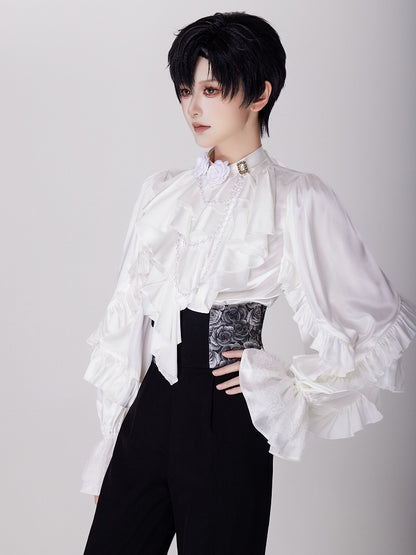 Elegant White Ruffled Bodice Shirt with Flounce Trim and Long Sleeves - DevilInspired Exclusive Collection