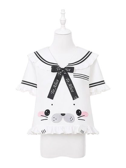 Cute Seal White Sailor Collar Short Sleeve T-Shirt with Bow and Ruffle - To Alice