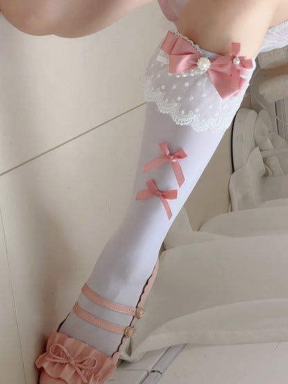And White Black/White With Underknee Bowknot Details Lace Pink Stockings Cuff