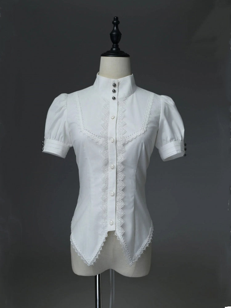 Shirt Sleeves High Pin Neck Jabot and Bow White with Detachable Short