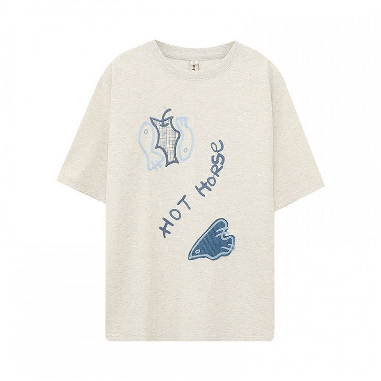 Gray Kawaii T-shirt Patch Details Embroidery Cute