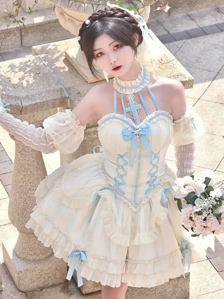 Cross Belle Beige und Blau Neckholder Korsettkleid Balletcore Lolita JSK