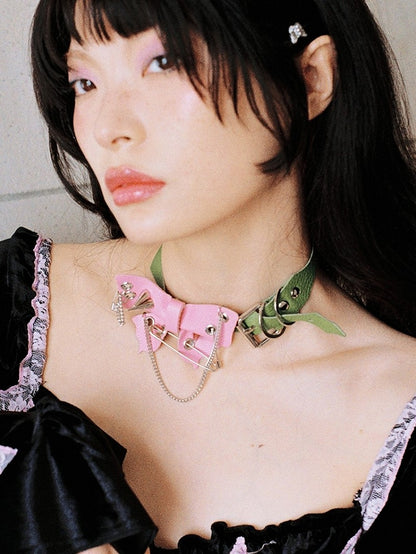 Pin Pink Studded Safety Green Punk Butterfly Adjustable with Details Choker Strap PU