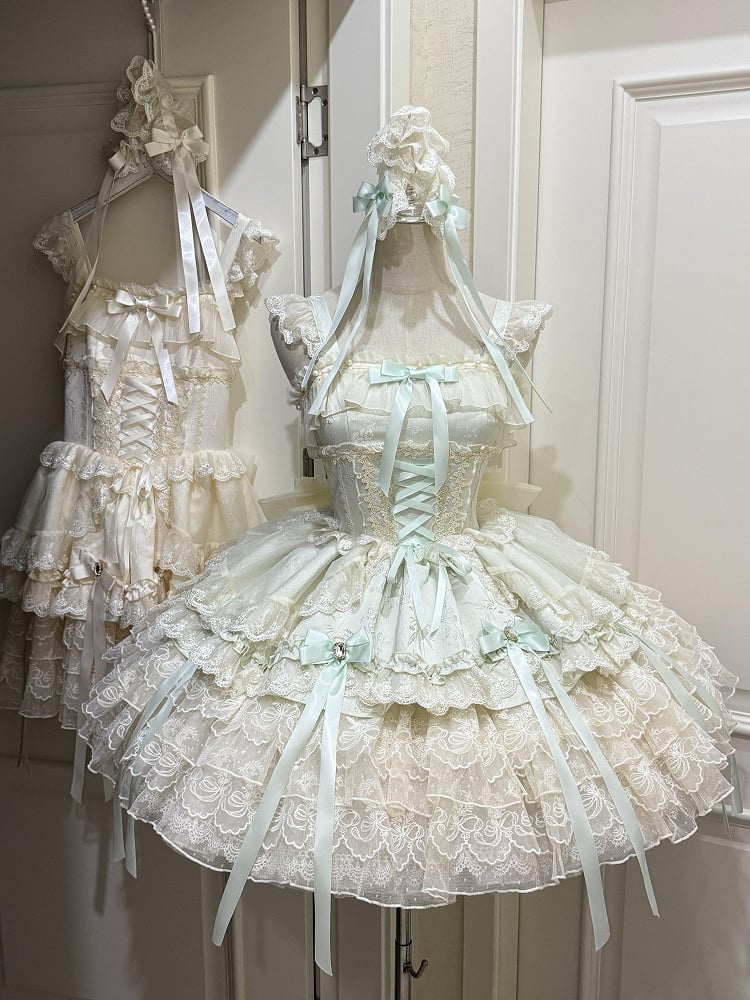 Bow Ballet-Style Details Multi-Layer Dress Cute Lace / JSK with + Ribbon Princess Train Large Green Skirt Only