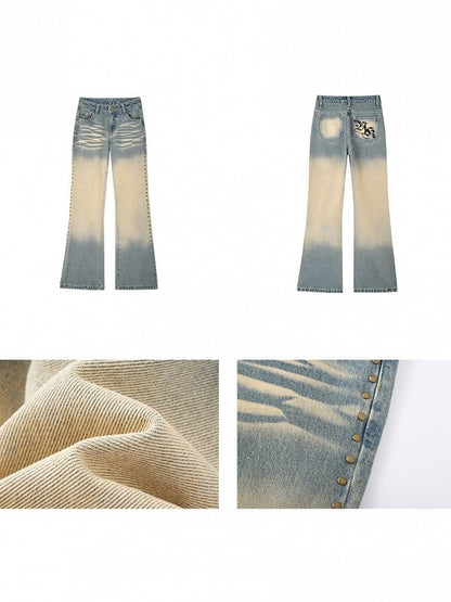 Full Distressed Vintage Pockets Low-Rise Mud Embroidered Jeans Seam with Blue Rivet Punk