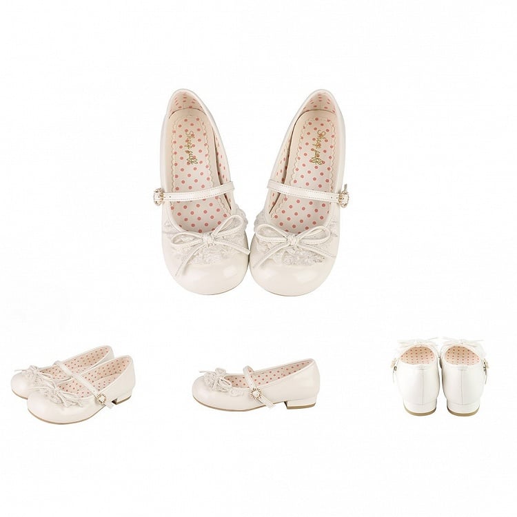 Toe White Heels Knotted Trim Accent Bow Round 2.2CM Lace Janes Mary