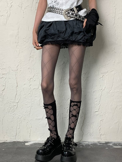 Stockings Cut-out Bowknot Y2K Underknee Design Details Black