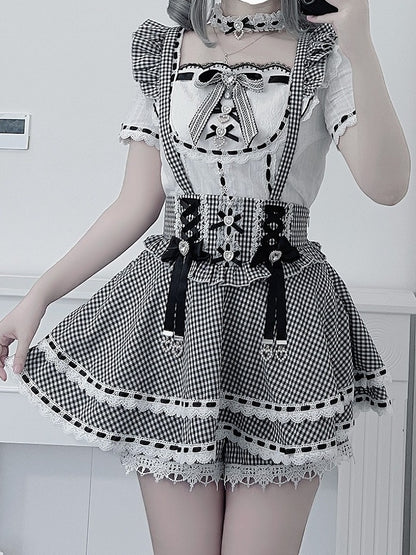 Black White Gingham Jirai Kei Overall Skort with Bow Lace Details - Broken Bear