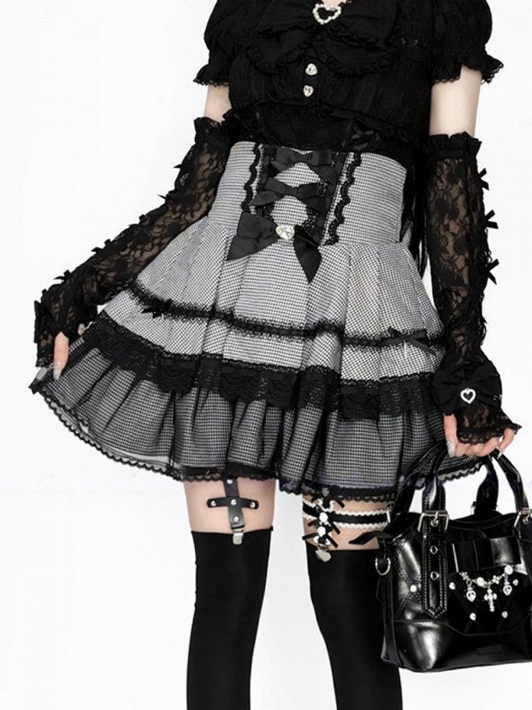Double-Layer Black Kei Jirai Bow Houndstooth Decoration White Rhinestone Lace with Skirt Detail High-Waisted Tulle