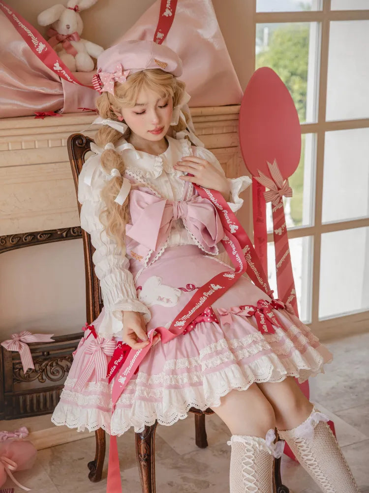 スカート ピンク 刺繍 ショルダーパッチ 取り外し可能 ロリータ スイートストラップ付き バニー