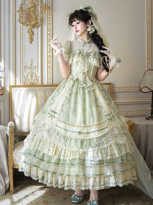 Emerald Lace-Trimmed OP Dress with Embroidered Flowers and Train - Mademoiselle Pearl