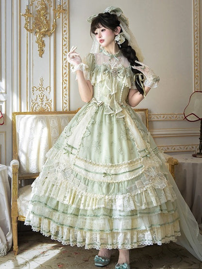Emerald Lace-Trimmed OP Dress with Embroidered Flowers and Train - Mademoiselle Pearl