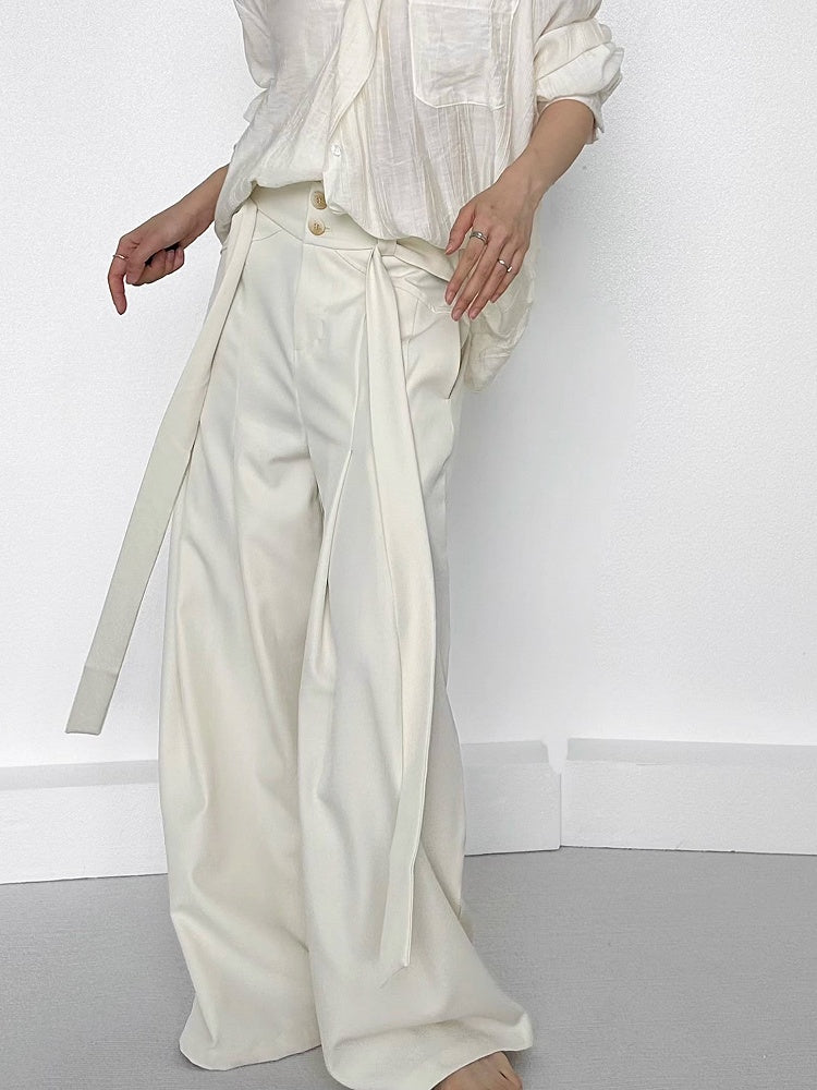 Apricot Ouji Wide-Leg Pants with Side Ribbons and Two-Button Fly - ASAE