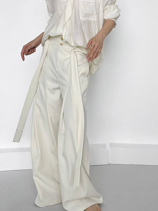 Apricot Ouji Wide-Leg Pants with Side Ribbons and Two-Button Fly - ASAE