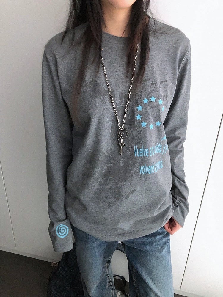 Y2K Gray Crew-Neck Long-Sleeved Loose Tee with Distressed Graphic - innomoood