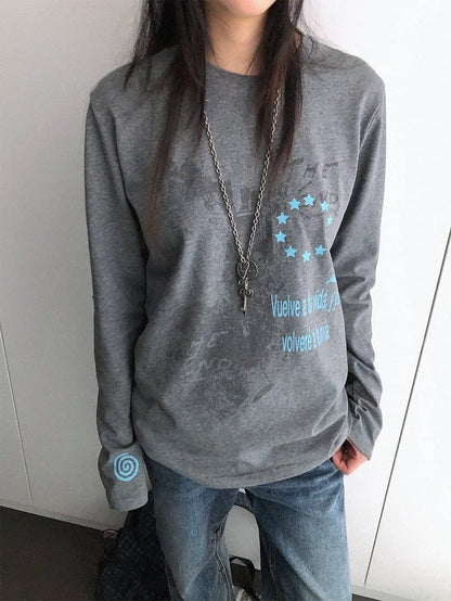 Y2K Gray Crew-Neck Long-Sleeved Loose Tee with Distressed Graphic - innomoood