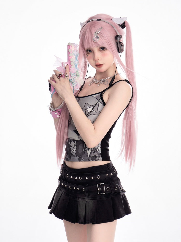 Schwarzes Cami-Top mit Rundhalsausschnitt und Cartoon-Print im Y2K-Stil