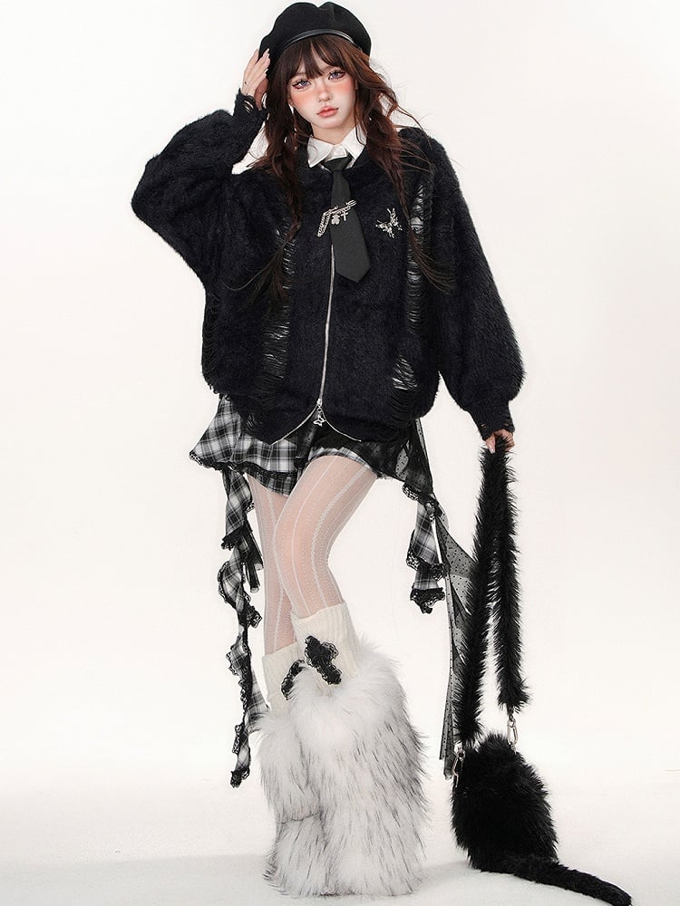 Schwarzer Kapuzenpullover mit Reißverschluss und Löchern im Used-Look