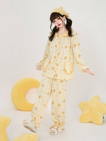 Yellow Mango Print Loungewear Set with Peter Pan Collar - Tan Tuan