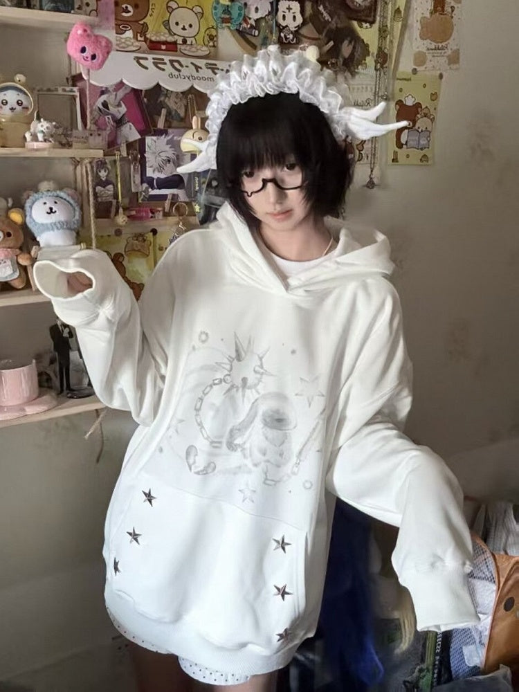 White Casual Rabbit Pattern Hoodie with Star Decoration - NEMU