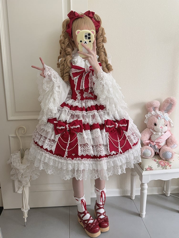 Lolita Red Decoration Hanayome Dress Bows Tiered Skirt Big