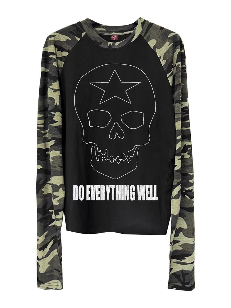 Black Skull Print Camo Long Sleeve Punk Top - DETW OnLine