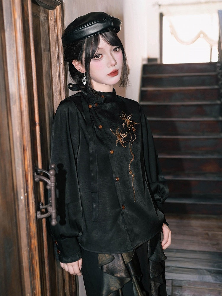 Black Stand Collar Long Sleeve Shirt with Asymmetric Placket, Mandala Embroidery and Tie Accents - Quirky Hut