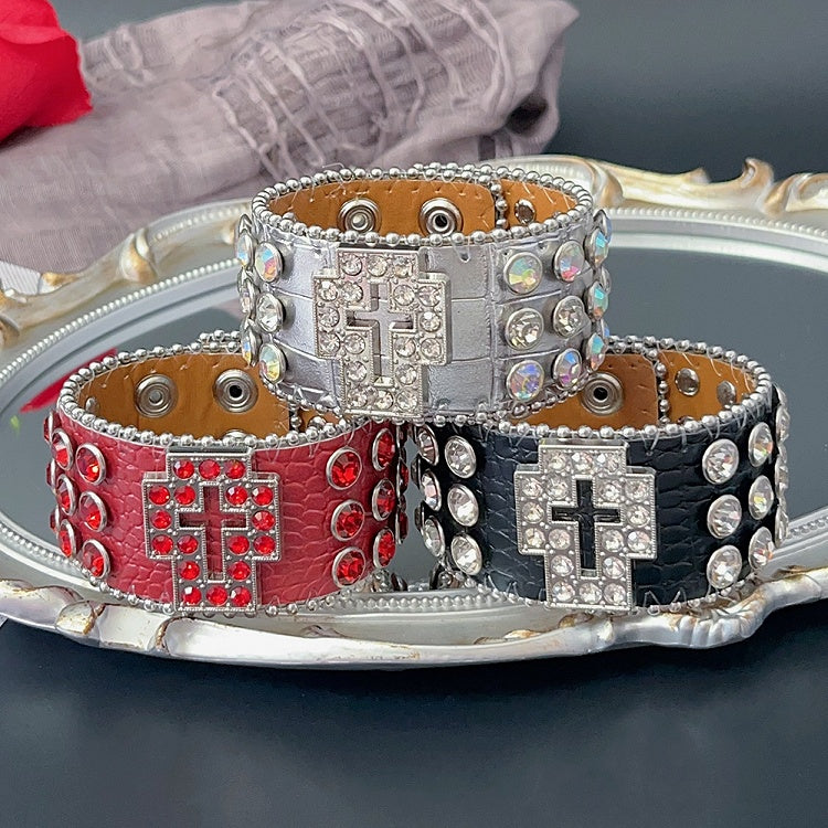 Red/Black/Silver Wristband Y2K Rhinestone Bracelet Decorated Cross Design
