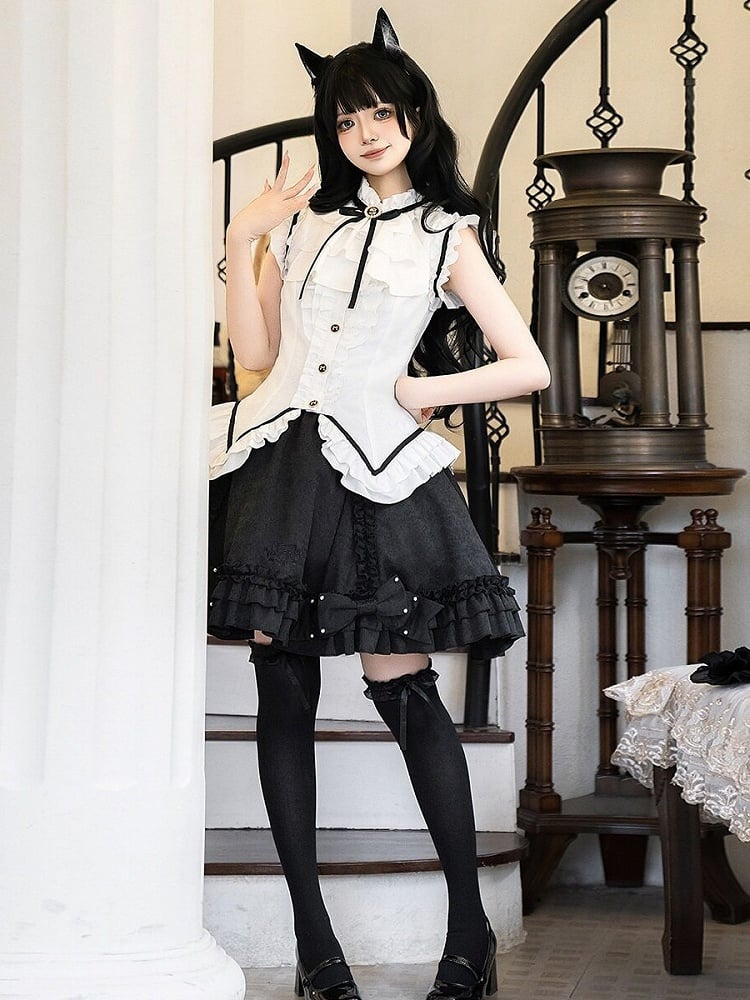 Vintage Elegant Sleeveless Lolita Top & Bow Pearl Accent Skirt Outfit in Black & White - Xiong Dou Jiang