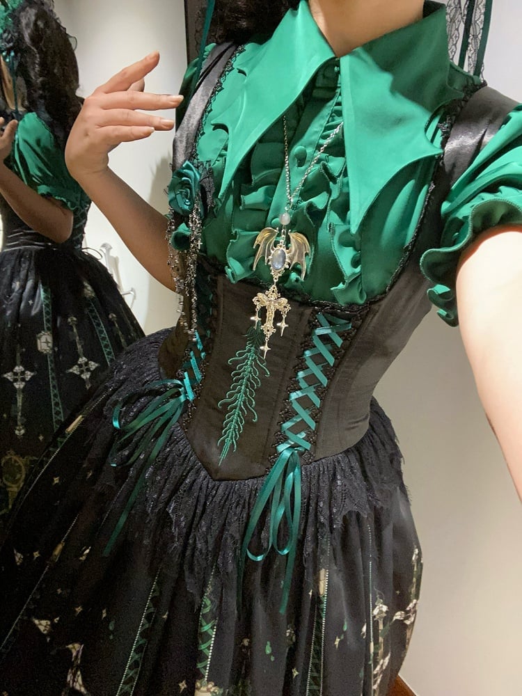 Green Rosette and Skull Print Gothic Lolita Corset Under Bust JSK Dress - Sweetheart Love Song