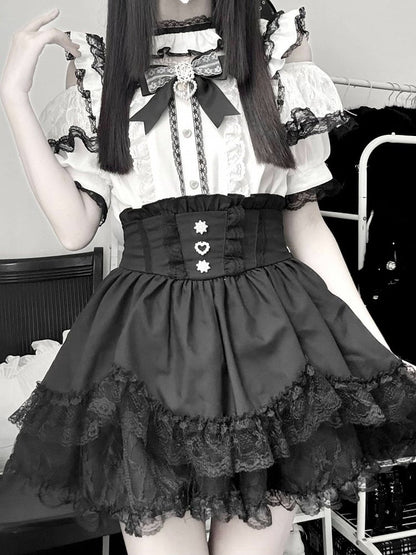 Black & White Jirai-kei Cutout Shoulder Short Sleeve Top with Rhinestone Bow and Lace - Virtual Paradise