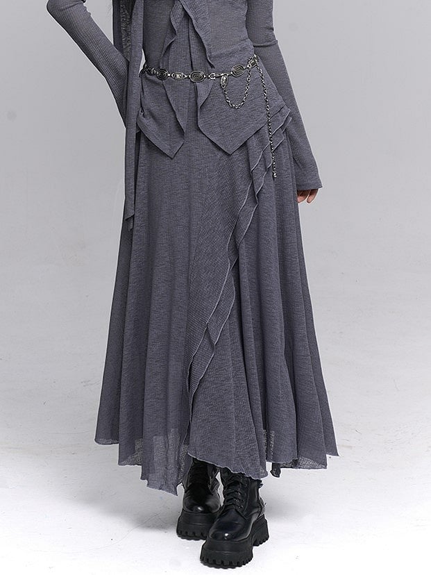 Elastic with Wave Cascading Waist Gray Detail Gothic Maxi Skirt