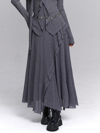Elastic with Wave Cascading Waist Gray Detail Gothic Maxi Skirt