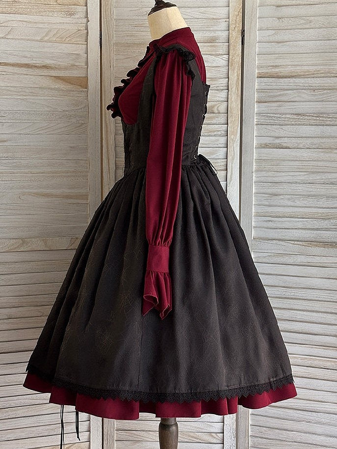 Drawstring Gothic with Dress Straps Shoulder Lace-Trimmed Waist Cross Black Embroidery Basque Lolita JSK and
