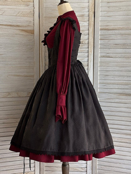 Drawstring Gothic with Dress Straps Shoulder Lace-Trimmed Waist Cross Black Embroidery Basque Lolita JSK and