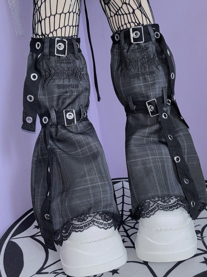 ブラック＆ホワイト/ピンク/ブルー/ブラック＆グレーのチェック柄レッグウォーマー（バックルストラップ付き）